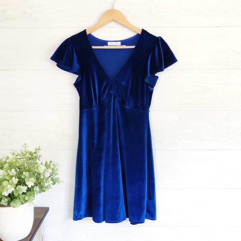 Urban Outfitters Blue Velour V Neck Mini Dress 282